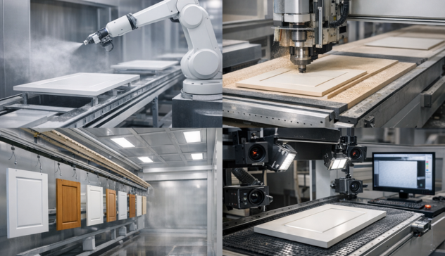 Collage showing robotic spray painting, CNC cutting, cabinet door finishing line, and quality inspection in a modern cabinet manufacturing factory