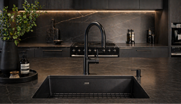 A matte black granite composite sink paired with a modern black faucet and dark cabinetry.
