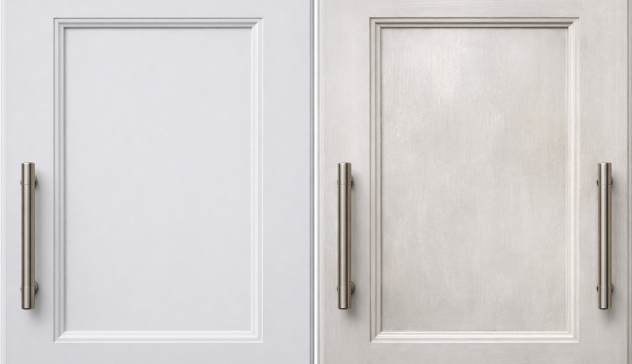 Comparison of cabinet doors showing inconsistent color tone and sheen differences