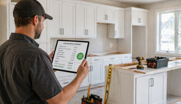 Contractor reviewing budget and cost savings for a kitchen cabinet project.