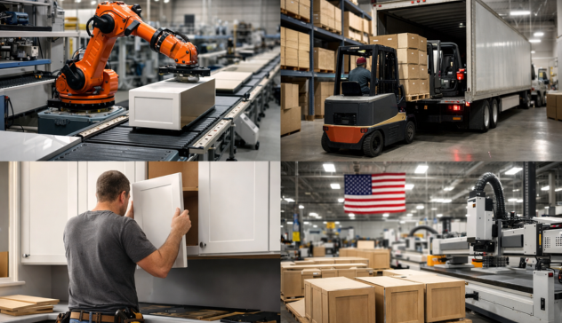 Contractor inspecting and installing kitchen cabinets at job site