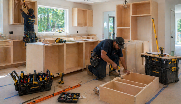 Professional contractors assembling and installing RTA kitchen cabinets on-site in a modern kitchen.