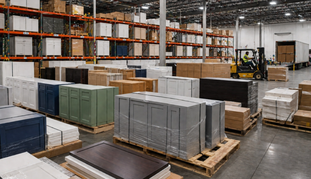 Large warehouse with ready-to-ship RTA cabinet inventory stacked and organized.