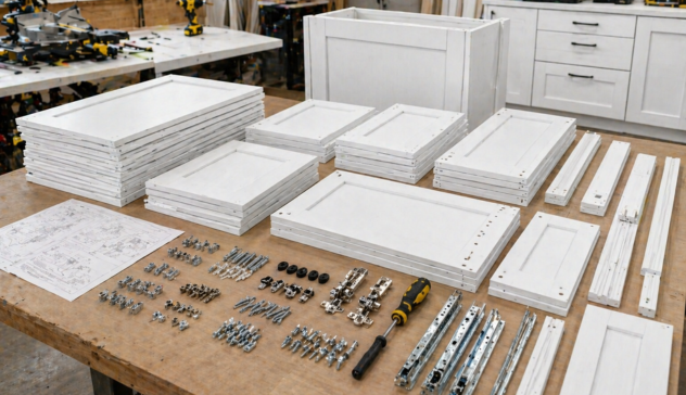 RTA cabinet parts laid out including panels, hardware, and instructions before assembly.