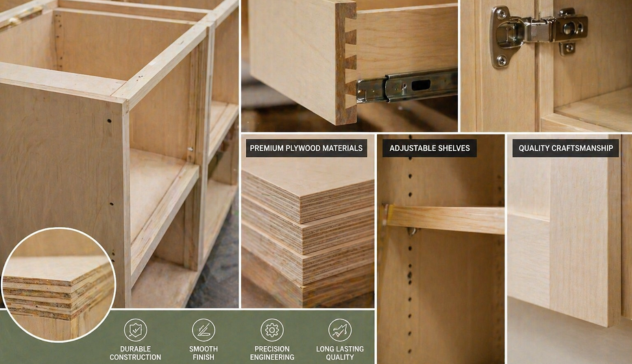 Close-up of dovetail joints, plywood cabinet box, and soft-close hardware.