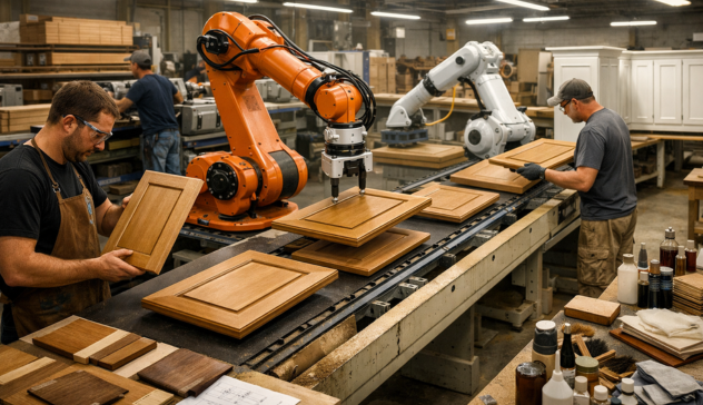 Human worker and robotic system collaborating in modern cabinet manufacturing