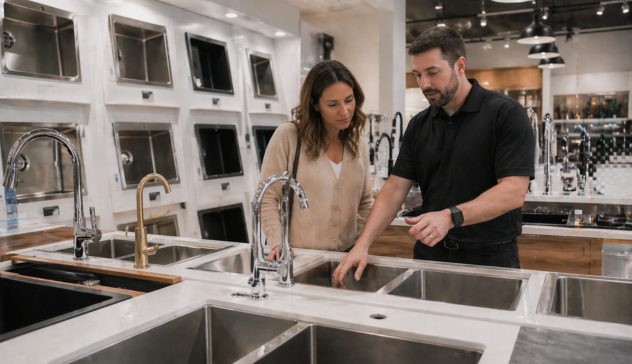 Customer and showroom salesperson discussing sink options in a retail display environment.
