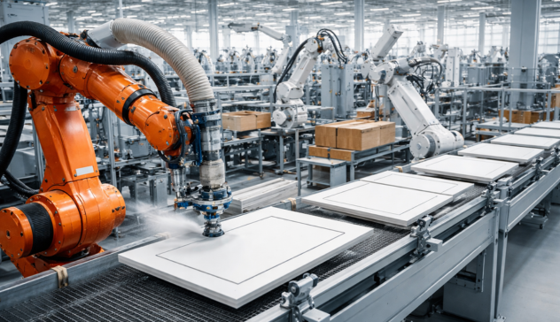 Modern factory using robotic systems for cabinet manufacturing and automated finishing process