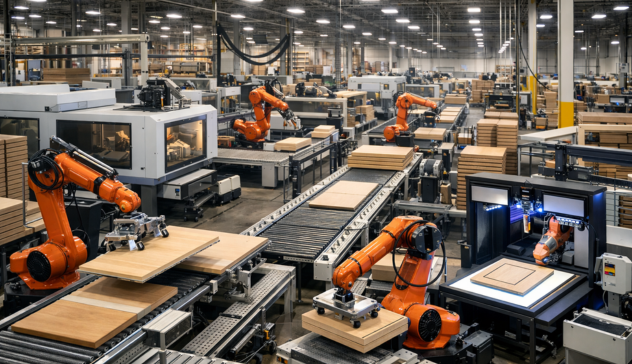 Advanced factory with robotic arms assembling wooden cabinets on conveyor belts using CNC machines and automation technology