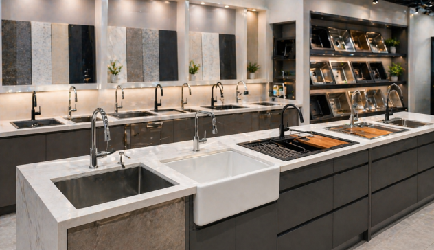 A modern showroom displaying multiple kitchen sink styles including stainless, farmhouse, and black granite sinks.