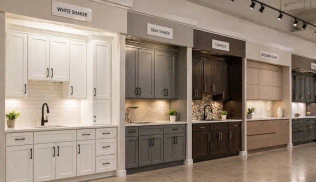 Multiple cabinet styles including shaker, modern slab, and traditional designs displayed together.