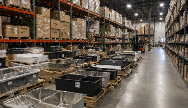 Large warehouse filled with boxed kitchen sinks ready for shipment.